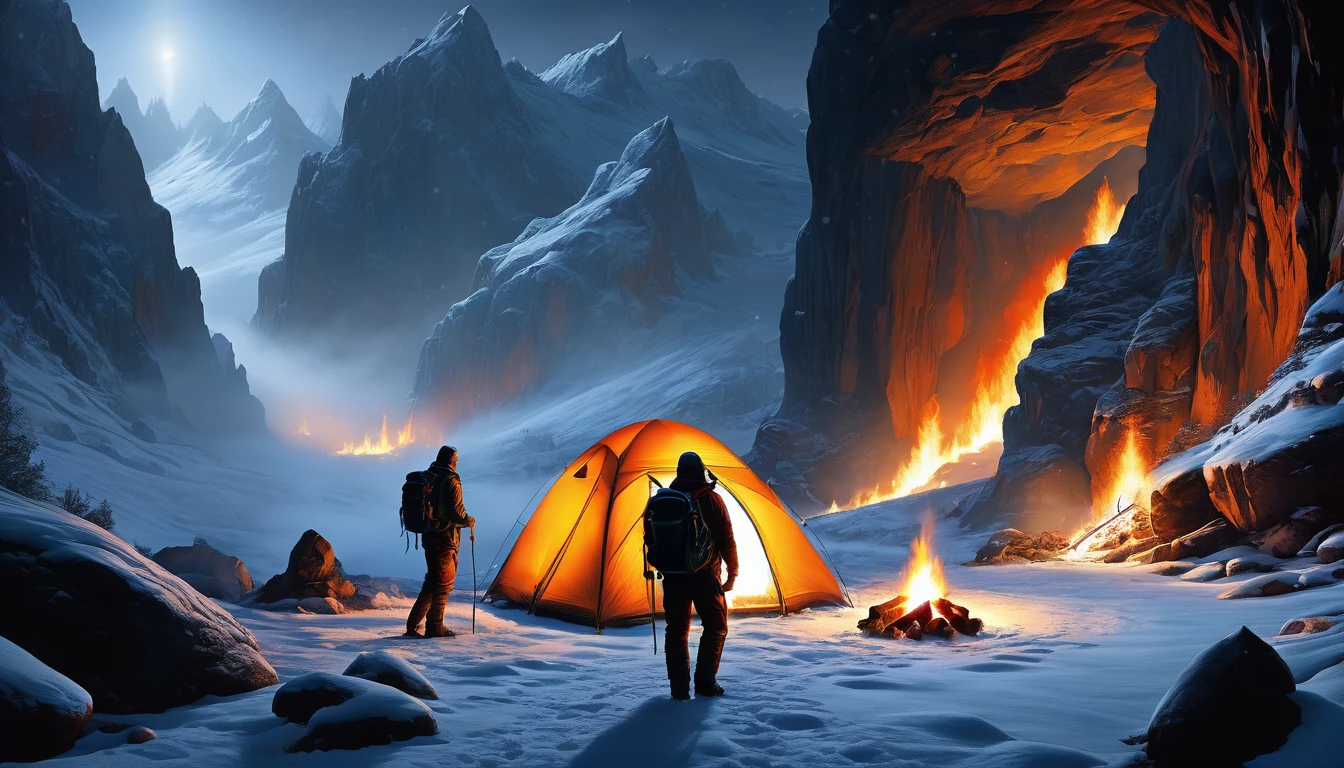 (cave), (campfire), (backpack), snowy mountains, night, snow, fog, science fiction art, Dennis Ruston