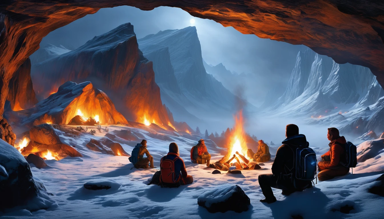 (cave), (campfire), (backpack), snowy mountains, night, snow, fog, science fiction art, Dennis Ruston