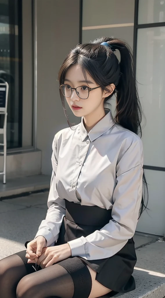 korean model , slim body , 167cm ，Movie Angle，long black ponytails hairstyle, （Cute girl，anatomy correct, OL uniform, office clothes, black stockings, outdoor scene, sitting position, wearing glasses ，（ art，geomerty），（plethora of colorest quality，high detal，tmasterpiece，Cinematic lighting effects，4K，Chiaroscuro） 