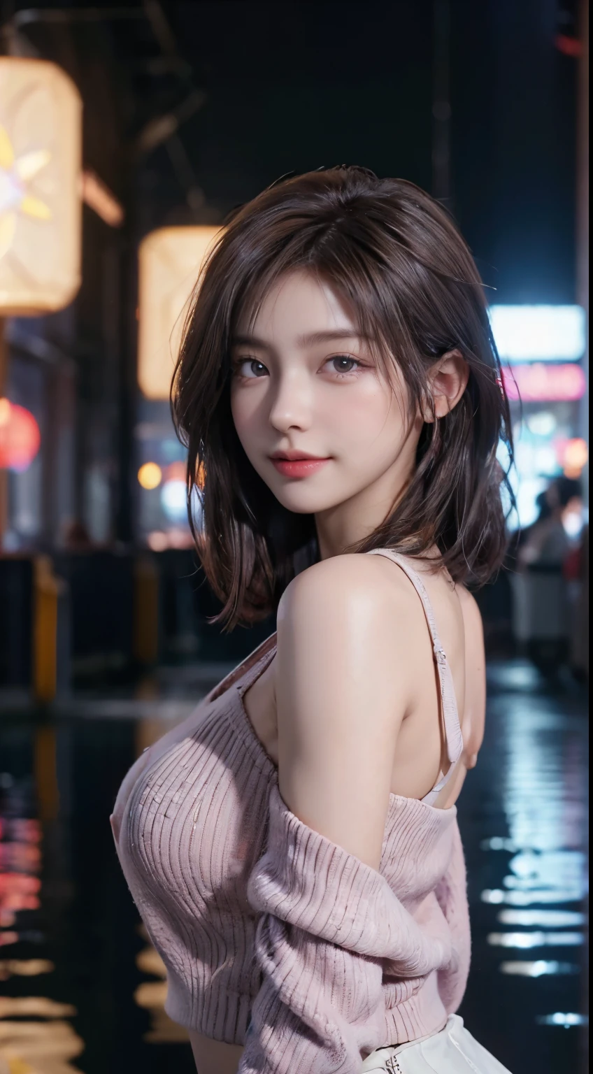 (logo, masterpiece, 8K, Tabletop, RAW Photos, wonderful, 最high quality, Photorealistic and very detailed CG composite 8k wallpaper, high quality, Very detailed, Narrative poem, Particle Effects, Dynamic Effects, Depth of the Boundary, Cinematic Light, Lens flare, Ray Tracing), short hair beautiful young woman, Hair tied back, high detail skin, very fine, fine skin texture, beautiful face, realistic eyes, beautifully detailed eyes, realistic skin, beautiful skin, surreal, smiling eyes, Hair and light eyes, Vibrant, Colorful lights and bokeh. The lighting casts a warm glow on her face and hair, Blue glow, Water surface reflection, Creates a dreamy and magical atmosphere, Big Breasts, Brown Hair, short hair, plump lower lip, pink blush on the cheeks , pink lips, brown tight no-shoulder knit sweater