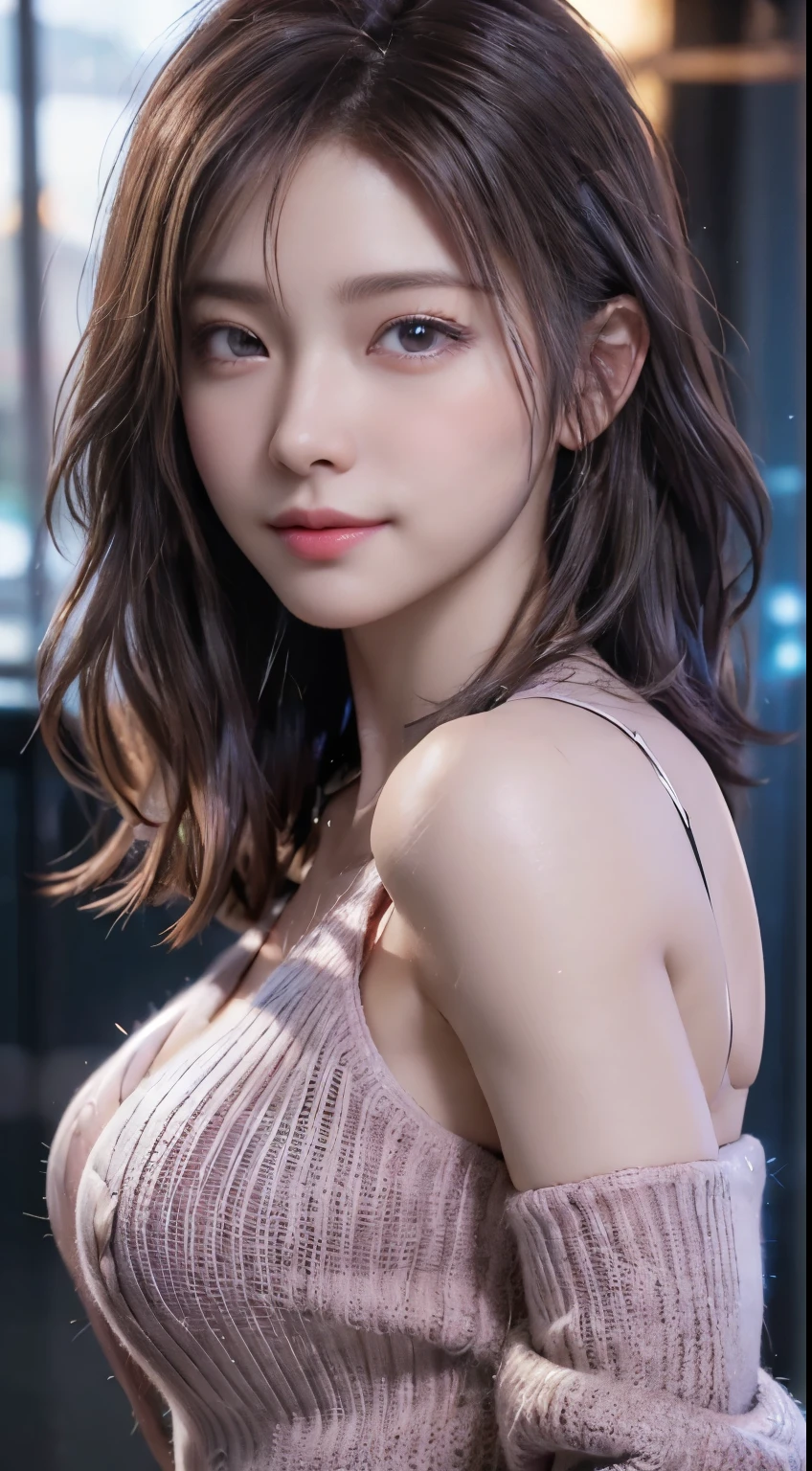 (logo, masterpiece, 8K, Tabletop, RAW Photos, wonderful, 最high quality, Photorealistic and very detailed CG composite 8k wallpaper, high quality, Very detailed, Narrative poem, Particle Effects, Dynamic Effects, Depth of the Boundary, Cinematic Light, Lens flare, Ray Tracing), short hair beautiful young woman, Hair tied back, high detail skin, very fine, fine skin texture, beautiful face, realistic eyes, beautifully detailed eyes, realistic skin, beautiful skin, surreal, smiling eyes, Hair and light eyes, Vibrant, Colorful lights and bokeh. The lighting casts a warm glow on her face and hair, Blue glow, Water surface reflection, Creates a dreamy and magical atmosphere, Big Breasts, Brown Hair, short hair, plump lower lip, pink blush on the cheeks , pink lips, brown tight no-shoulder knit sweater