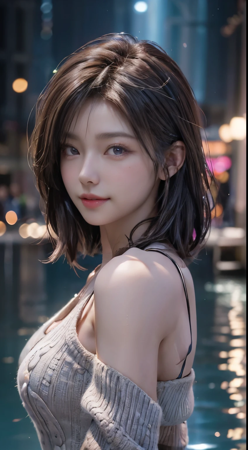 (logo, masterpiece, 8K, Tabletop, RAW Photos, wonderful, 最high quality, Photorealistic and very detailed CG composite 8k wallpaper, high quality, Very detailed, Narrative poem, Particle Effects, Dynamic Effects, Depth of the Boundary, Cinematic Light, Lens flare, Ray Tracing), short hair beautiful young woman, Hair tied back, high detail skin, very fine, fine skin texture, beautiful face, realistic eyes, beautifully detailed eyes, realistic skin, beautiful skin, surreal, smiling eyes, Hair and light eyes, Vibrant, Colorful lights and bokeh. The lighting casts a warm glow on her face and hair, Blue glow, Water surface reflection, Creates a dreamy and magical atmosphere, Big Breasts, Brown Hair, short hair, plump lower lip, pink blush on the cheeks , pink lips, brown tight no-shoulder knit sweater