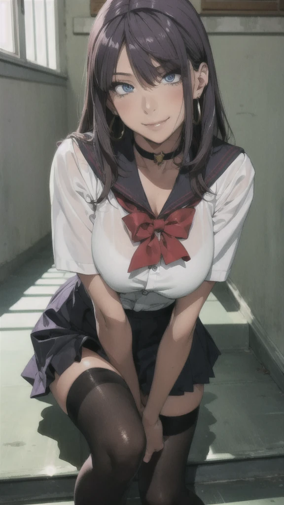 ((Correct Anatomy)),(Detailed image quality),(Female )、((school uniform))、((Sailor suit))、(Mini Pleated Skirt),(((Black Stockings))),((School Uniform)),((Shy０smile)),Ultra-high resolution,Mature Woman, Mature Woman, Very detailed,Sunburned skin,Brown Skin,((Beautiful legs)), (Big Breasts),((Beautiful feet)),Perfect hands, Detailed fingers, Beautiful details, ((Long, long hair)),((Sexy pose)),Black Choker, Earrings,loafers,Perfect Eyes, Captivating eyes,(School stairs)