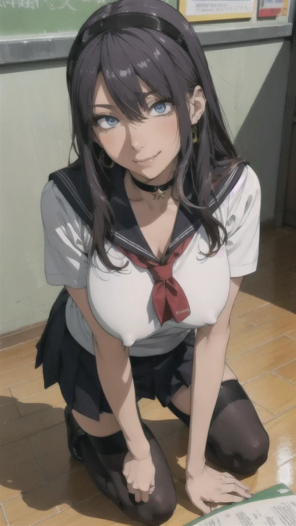 ((Correct Anatomy)),(Detailed image quality),(Female student)、((school uniform))、((Sailor suit))、(Mini Pleated Skirt),(((Black Stockings))),((School Uniform)),((Shy0smile)),Ultra-high resolution,Mature Woman, Mature Woman, Very detailed,Sunburned skin,Brown Skin,((Beautiful legs)), (Big Breasts),((Beautiful feet)),Perfect hands, Detailed fingers, Beautiful details, ((Long, long hair)),((Sexy pose)),Black Choker, Earrings,loafers,Perfect Eyes, Captivating eyes,(School stairs)