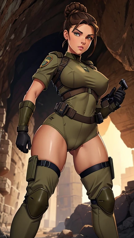 Israel military woman, beautiful, beautiful face, beautiful hazel eyes, brunette hair bun hairstyle, puffy lips, slim athletic body, perfect breasts, round ass, cameltoe, thick thighs, israel military uniform, tactical gear, tactical gloves, combat boots, cave in background, tight fit full outfit, tight panties marking, head to toe, armored vehicle