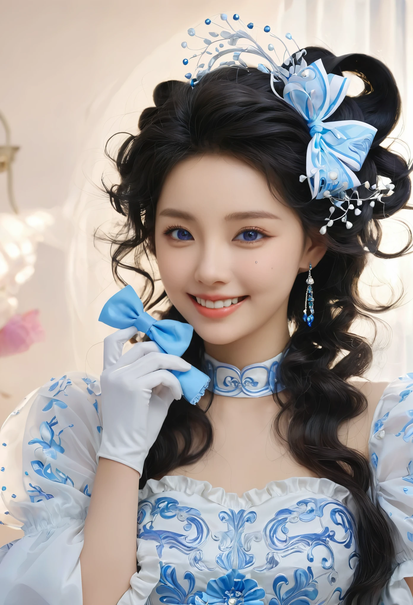 Korean,Practical, masterpiece, Final details, photo Practical, Intricate details, Octane Rendering, 8K, 1 Girl, Perfect face, Pretty Face, NSW Sports Federation, Slot Reference, Detailed hair,, black bow, black Gloves, Black Leg, blue eyes, Blue Hair, bow, clavicle, skirt, Drilling hair, Ruffles, Ruffles, Gloves, Gwen, headskirt, high resolution, Long hair, Open your mouth, Puff sleeves, Purple Eyes, Smile, Solitary, white skirt, Oily skin,