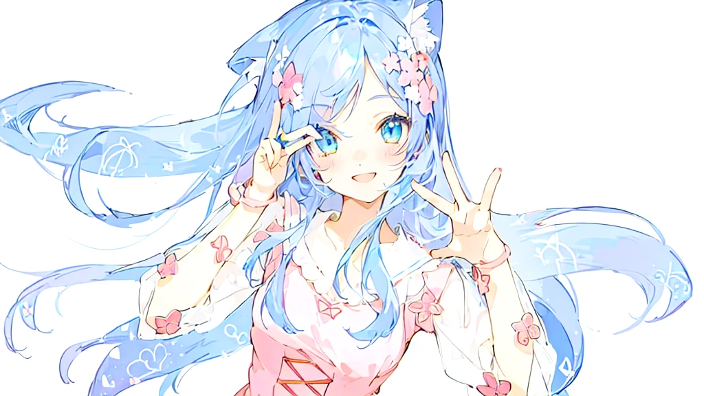 Anime girl with blue hair and pink dress makes a peace sign, soft anime illustration, anime art style, I&#39;ll do fanart too, flat fill in anime style, beautiful anime girl, Anime art style, pixive style, 2D anime style, anime stylized, Detailed fanart, beautiful Anime art style, made in an anime artist&#39;s studio, zerochan art, color line drawing