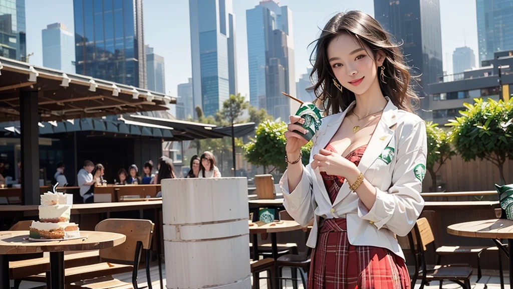 8K、RAW Photos、Highest quality、Super detailed、Super Resolution、Ultra HD、8K壁紙、Amazing details blazer uniform girl ((White blouse with formal collar, Blue Blazer, 
Red Check Skirt, Red checkered ribbon on blouse)), Complete limbs, Full Finger, 
((((((Starbucks outdoor cafe among skyscrapers))))))、((16 year old female student))、(((((Eat cake、Drink coffee、smile)))))、(((Heart Necklace、Gold bracelet)))
(((Emphasize cleavage)))
(((((Ferrari 488)))))
((((Full body photo、The whole body is visible、Full body portrait))))
