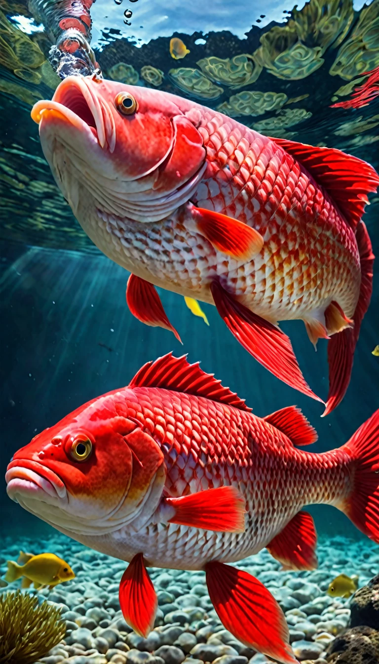 Panorama,A red carp under the water,A creature with a human face and a fish body(best quality,4K,8K,High level,masterpiece:1.2),Ultra Detailed,(lifelike,Photo real,Photo real:1.37),Highly detailed animals,Complex patterns,Realistic lighting,Fantasy Creatures