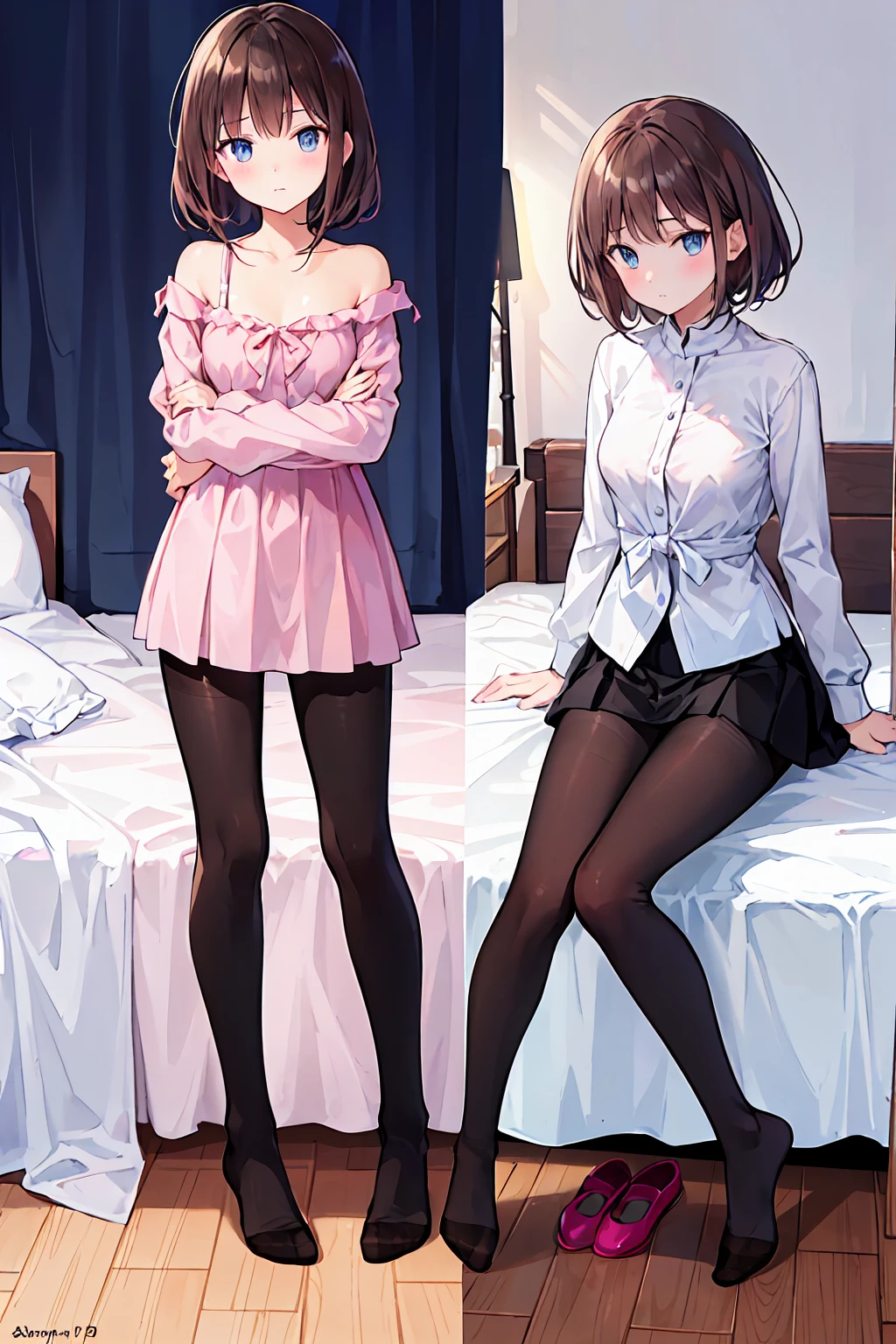 ４ｋqulity, top-quality, Misaka_mikoto, Brown-eyed, Short_hair, Small_Breast,）on the beds　Pink lingerie　１６age　sexypose　Bewitching　Mass sweat,Beautiful and perfect legs, Clean and perfect hands