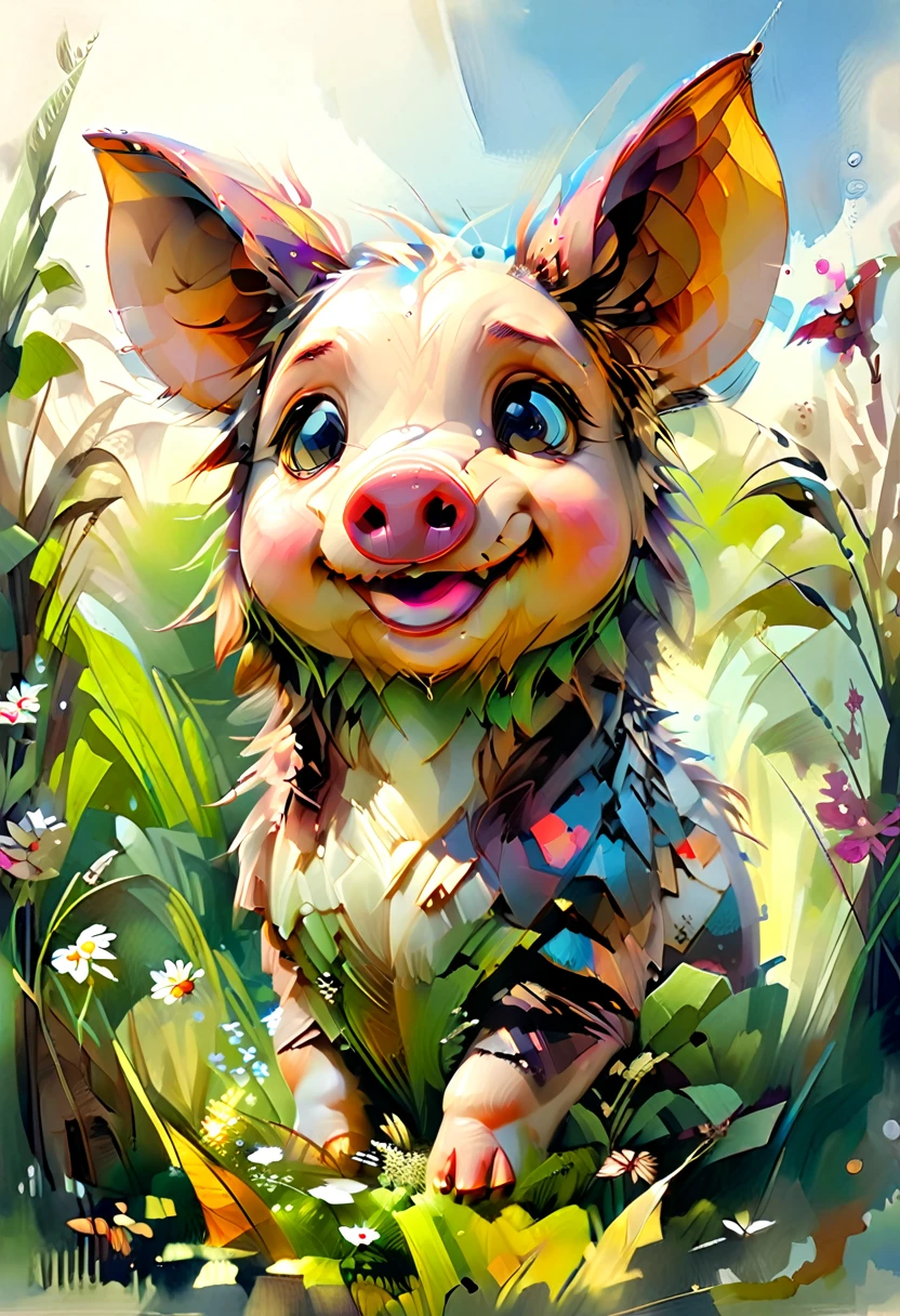 Masterpiece Illustration, high quality, high resolution 16k, a painting of a dady pig with a smile on it's face,Looking at the camera, (fisheye camera ) zhibi, funy cartoon, computer graphics, oil painting, little pig With big ears sitting on a Sunny meadow, trend in Art Station, playful smile, 🍁 cute, inspired by Ruben Tam, very cute facial features, , small in size, long pointed ears, artistic style, oil and watercolor painting, DonMG30T00nXL