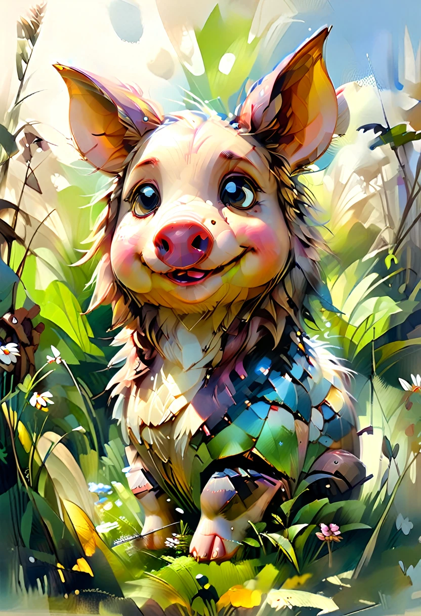 Masterpiece Illustration, high quality, high resolution 16k, a painting of a dady pig with a smile on it's face,Looking at the camera, (fisheye camera ) zhibi, funy cartoon, computer graphics, oil painting, little pig With big ears sitting on a Sunny meadow, trend in Art Station, playful smile, 🍁 cute, inspired by Ruben Tam, very cute facial features, , small in size, long pointed ears, artistic style, oil and watercolor painting, DonMG30T00nXL