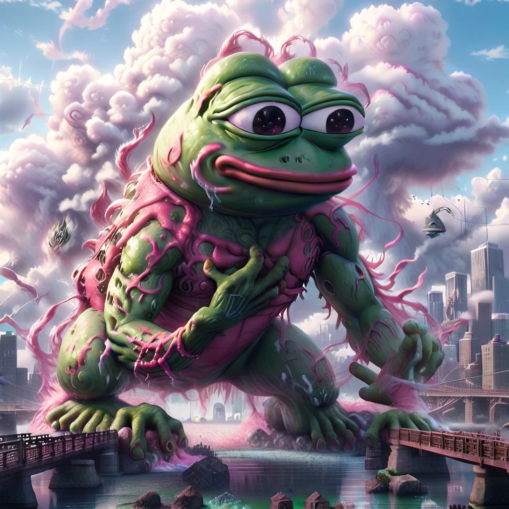 Hyperrealistic art BJ_Sacred_beast, pink pepe_frog,outdoors,sky,day,cloud,water,blue_sky,no_humans,cloudy_sky,building,scenery,reflection,monster,bridge,fog, cinematic lighting,strong contrast,high level of detail,Best quality,masterpiece,White background,. Extremely high-resolution details, photographic, realism pushed to extreme, fine texture, incredibly lifelike,
