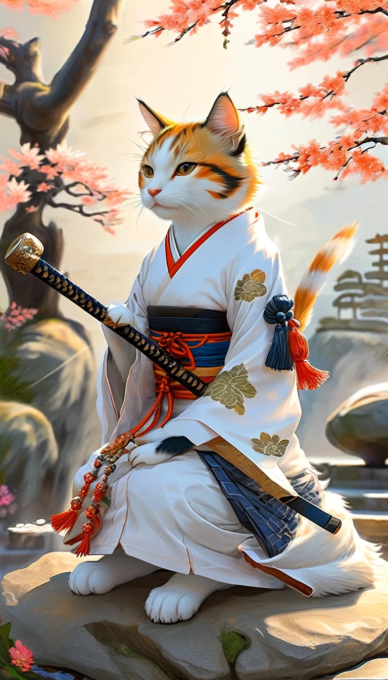 A picture of a cat wearing a kimono, sitting on a stone, warrior cat, Anthropomorphic cat ninja, feudal japan art, holding a naginata, Inspired by Koson Ohara, Tabaqui the Monk, Very very beautiful furry art, The fox and the bush, warrior, Japanese art style