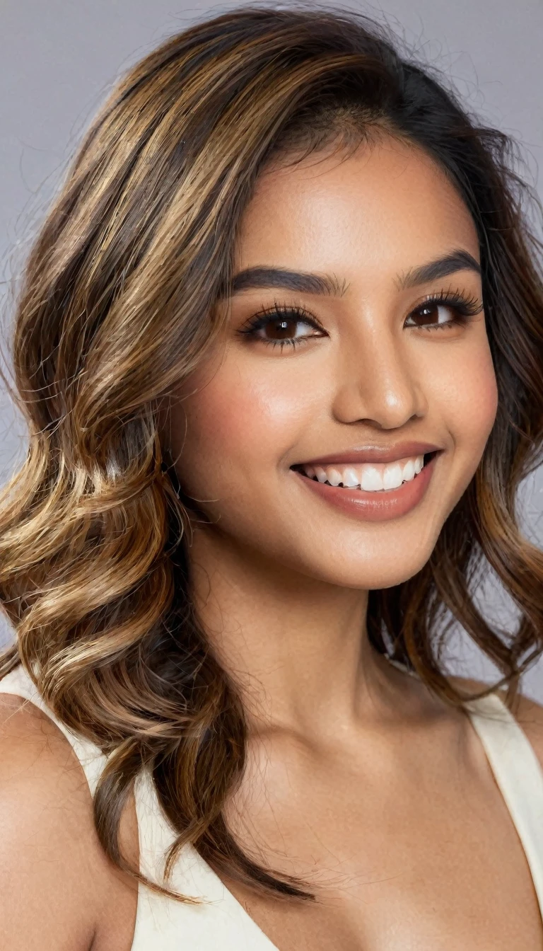 22 year old South Asian Latina woman with honey brown almond-shaped eyes, long dark lashes framing those eyes, and a warm inviting smile revealing perfect white teeth. Her wheatish skin has a dark brown undertone. Healthy neck-length straight brown hair with golden highlights cascading down the ends, styled in a loose, voluminous wave. High cheekbones and a defined jawline frame her face, accentuated by natural day lighting illuminating her face and shoulders. Her slim figure is curvaceous with a slight hourglass shape, emphasizing her natural beauty.