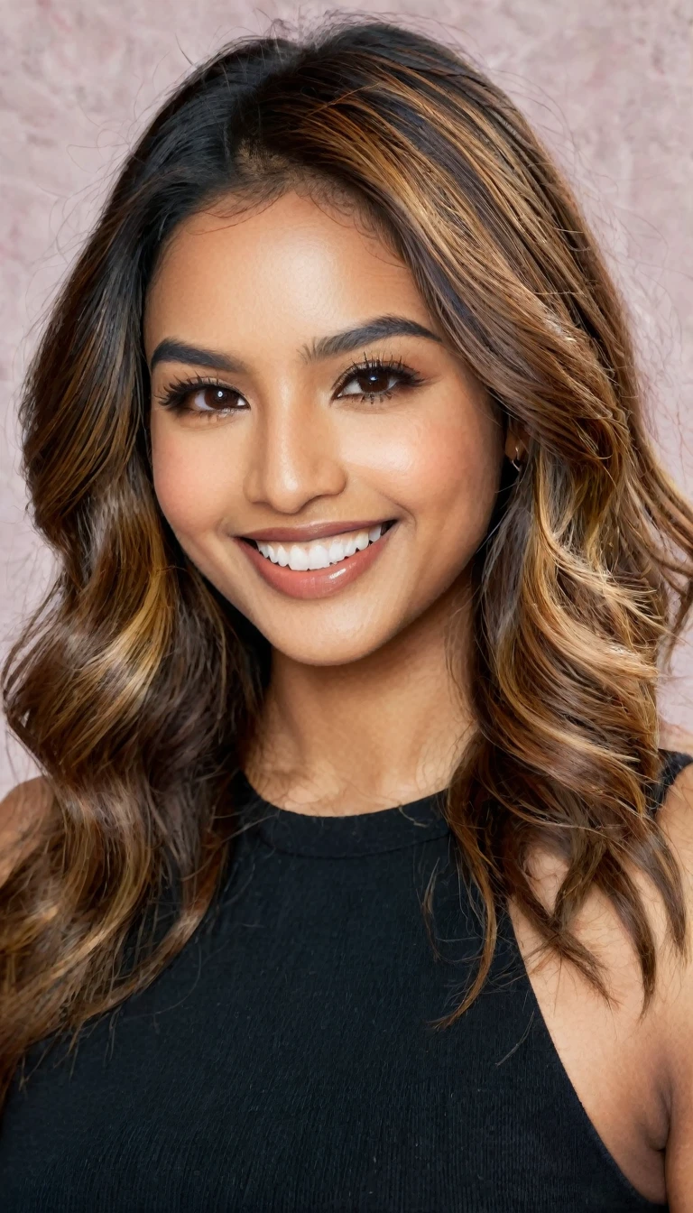 22 year old South Asian Latina woman with honey brown almond-shaped eyes, long dark lashes framing those eyes, and a warm inviting smile revealing perfect white teeth. Her wheatish skin has a dark brown undertone. Healthy neck-length straight brown hair with golden highlights cascading down the ends, styled in a loose, voluminous wave. High cheekbones and a defined jawline frame her face, accentuated by natural day lighting illuminating her face and shoulders. Her slim figure is curvaceous with a slight hourglass shape, emphasizing her natural beauty.