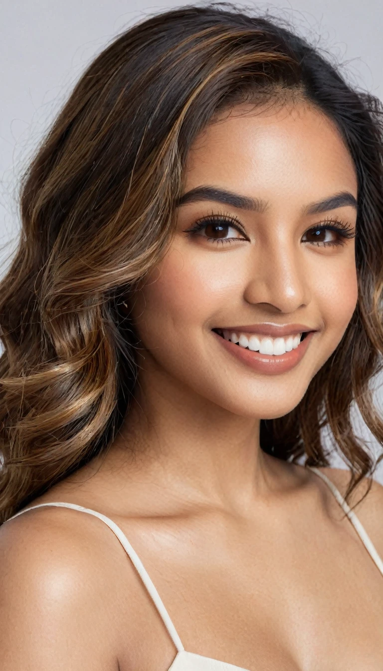 22 year old South Asian Latina woman with honey brown almond-shaped eyes, long dark lashes framing those eyes, and a warm inviting smile revealing perfect white teeth. Her wheatish skin has a dark brown undertone. Healthy neck-length straight brown hair with golden highlights cascading down the ends, styled in a loose, voluminous wave. High cheekbones and a defined jawline frame her face, accentuated by natural day lighting illuminating her face and shoulders. Her slim figure is curvaceous with a slight hourglass shape, emphasizing her natural beauty.