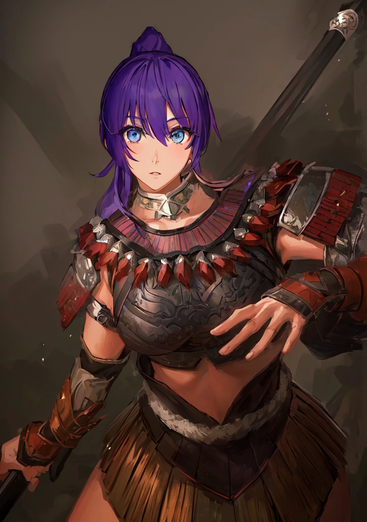 Anime style image of a woman with purple hair and a spear, Wearing Hunter armor, Armor Girl, wearing monster hunter armor, A very beautiful berserker woman, wearing dark epic rpg portrait, Wearing a shining breastplate, Portrait Ninja Gaiden Girl, With scaly armor, Purple Armor,Dark skin,Black Leather,Good shape,Huge breasts,Three Kingdoms志。Three Kingdoms无双,Three Kingdoms,antiquity,Chinese style,Female generals,Blue Eyes,A little cute