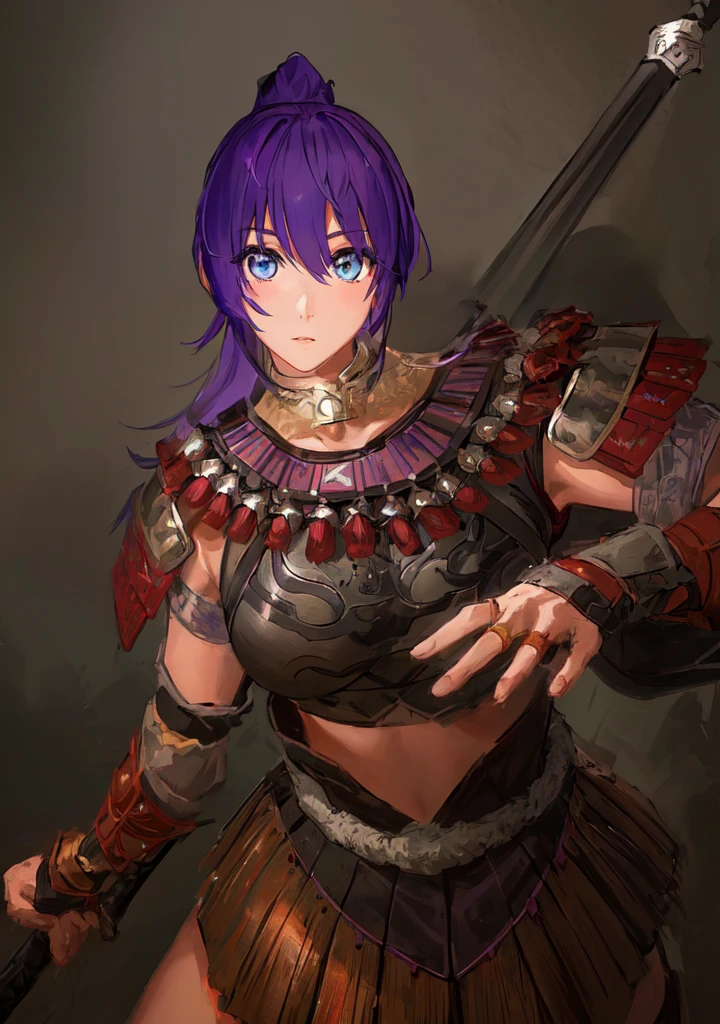 Anime style image of a woman with purple hair and a spear, Wearing Hunter armor, Armor Girl, wearing monster hunter armor, A very beautiful berserker woman, wearing dark epic rpg portrait, Wearing a shining breastplate, Portrait Ninja Gaiden Girl, With scaly armor, Purple Armor,Dark skin,Black Leather,Good shape,Huge breasts,Three Kingdoms志。Three Kingdoms无双,Three Kingdoms,antiquity,Chinese style,Female generals,Blue Eyes,A little cute