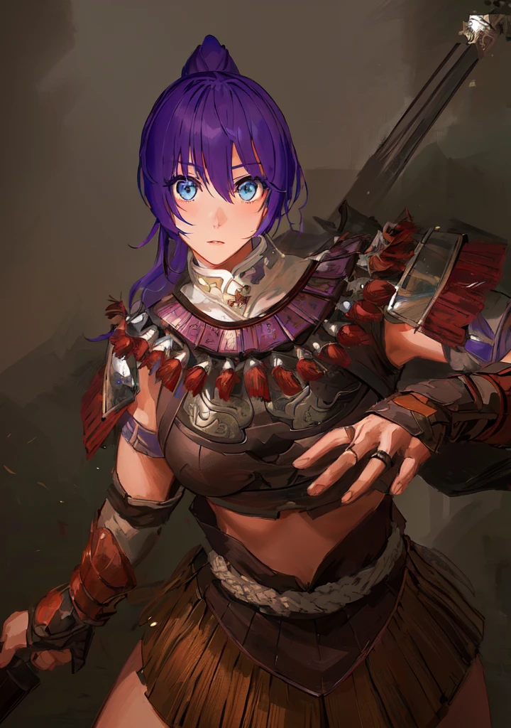 Anime style image of a woman with purple hair and a spear, Wearing Hunter armor, Armor Girl, wearing monster hunter armor, A very beautiful berserker woman, wearing dark epic rpg portrait, Wearing a shining breastplate, Portrait Ninja Gaiden Girl, With scaly armor, Purple Armor,Dark skin,Black Leather,Good shape,Huge breasts,Three Kingdoms志。Three Kingdoms无双,Three Kingdoms,antiquity,Chinese style,Female generals,Blue Eyes,A little cute