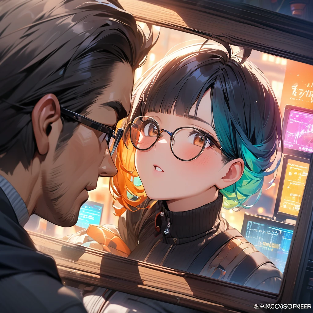 (masterpiece, photo_real, official_art, octane-render):1.21, multi-exposure prism, strobe ripple effect, BREAK, Reunion of the three, (1 Japanese_male):1.21, 1 girl, and another 1girl,
BREAK,
1 Japanese male is (dark tan skin:1.1), dark-skinned male, (Detailed brown eyes, glasses), (handsome face, with stubble):1.1, (Detailed black-hair, super very short hair, right flaring bangs:1.33),
BREAK,
1 girl is (jet-black hair, colored inner green hair, split-color hair):1.21, antenna hair, include colorful binary code,
BREAK,
another 1 girl is (detailed brown eyes, jet-black hair,colored inner orange ombre hair multicolored hair, curly):1.21,
Brugge_cityscape_background,