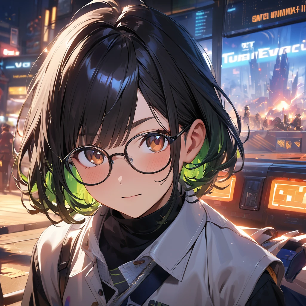 (masterpiece, photo_real, official_art, octane-render):1.21, multi-exposure prism, strobe ripple effect, BREAK, Reunion of the three, (1 Japanese_male):1.21, 1 girl, and another 1girl,
BREAK,
1 Japanese male is (dark tan skin:1.1), dark-skinned male, (Detailed brown eyes, glasses), (handsome face, with stubble):1.1, (Detailed black-hair, super very short hair, right flaring bangs:1.33),
BREAK,
1 girl is (jet-black hair, colored inner green hair, split-color hair):1.21, antenna hair, include colorful binary code,
BREAK,
another 1 girl is (detailed brown eyes, jet-black hair,colored inner orange ombre hair multicolored hair, curly):1.21,
Brugge_cityscape_background,