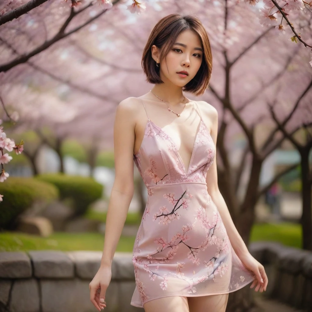 Masterpiece, charming asian aged 20 years old, super detailed, high quality, sharp focus, cinematic lighting, beauty, bob hair, necklace, (slim legs), (slender body), (medium breasts), small tattoo, (slip breasts), (sexy embellished dress), (nipples poking under dress), (one leg up), (no bra), (no panty), (Outdoor full-bloom Sakura blossom trees background), (Sakura petals falling), (nsfw), photorealistic