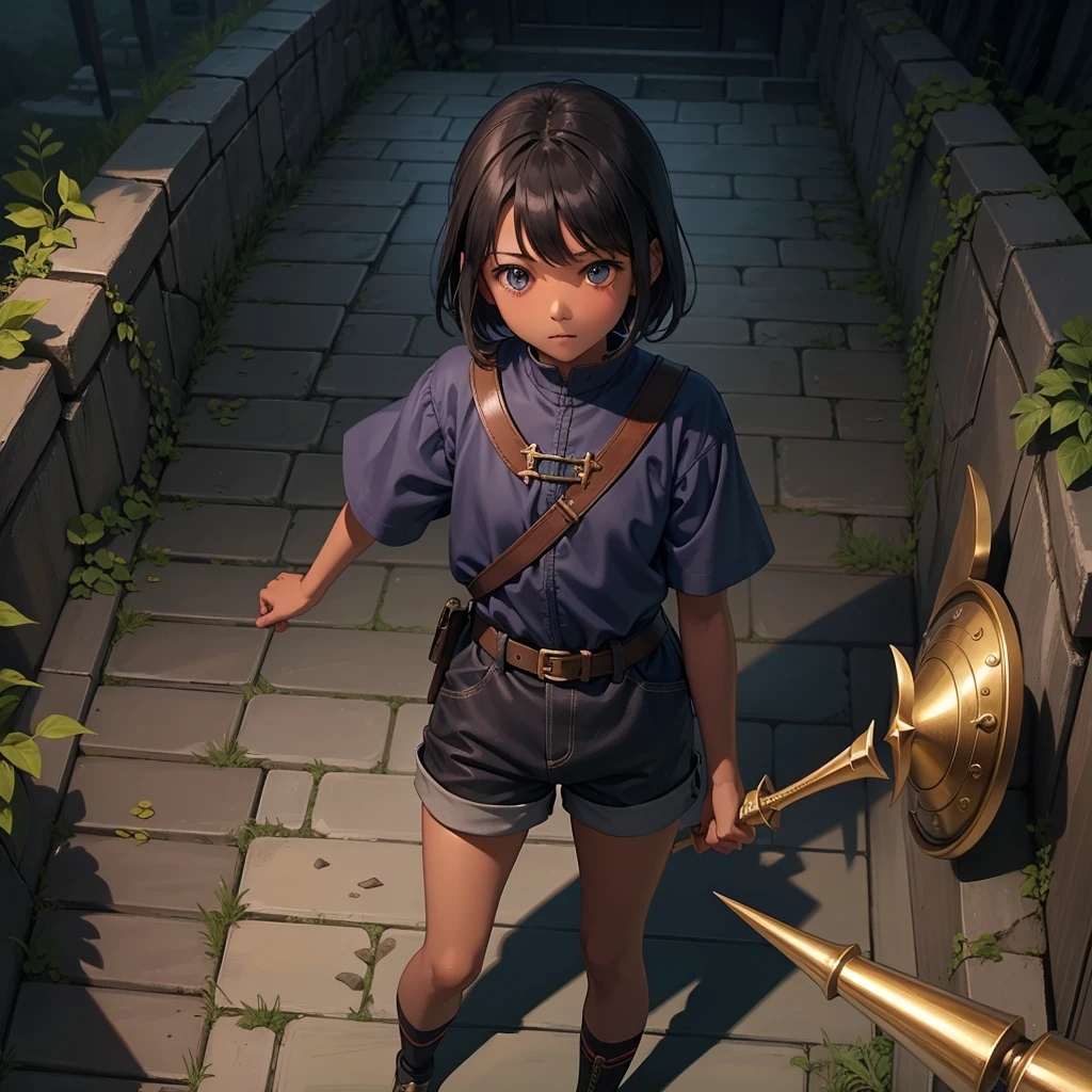 最high quality、high quality、Simple clothing from the Middle Ages、10Year old girl adventurer、Climb the maze stairs、Shorts、Equipped with a dagger and a shield、In a dark maze