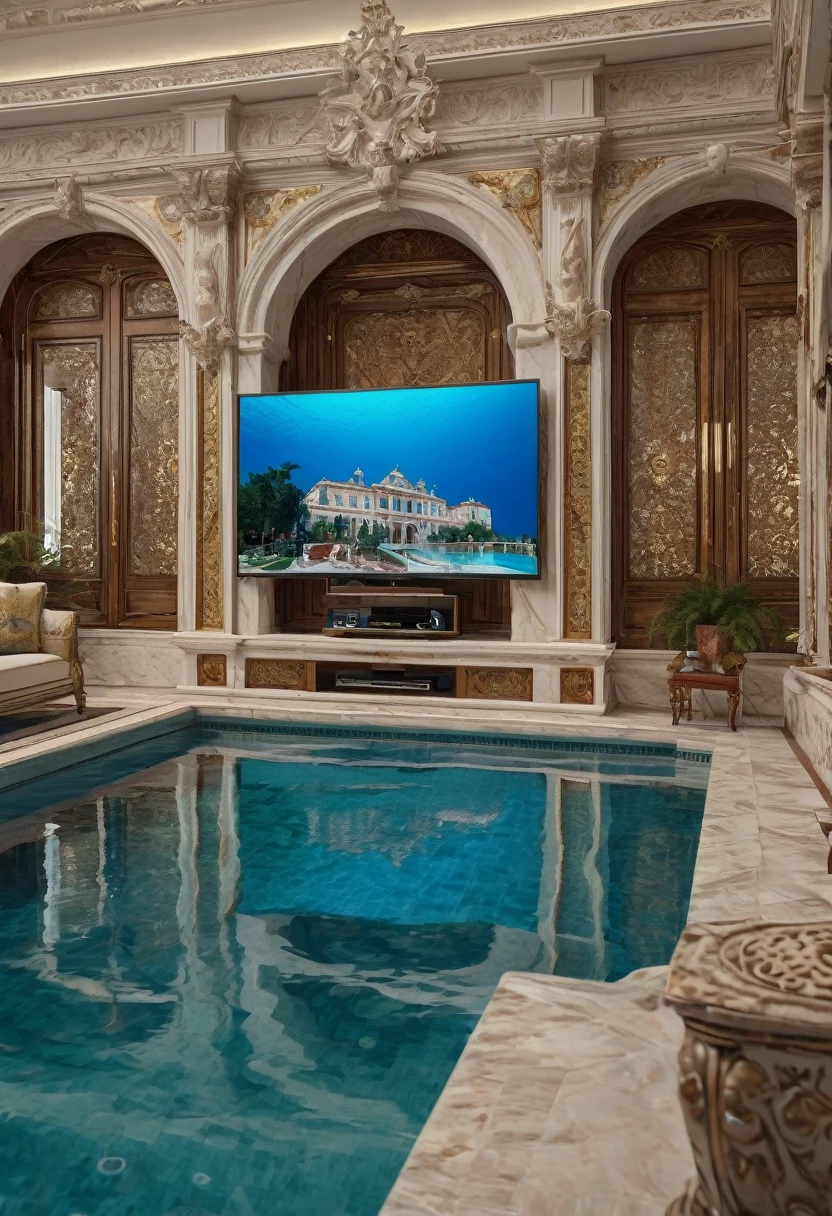 a close up of a pool in a house with a tv in the background, a hyperrealistic, renaissance, in a luxurious pool, luxurious furnitures mathching with colour of the palace , next to a pool, a pool inside the giant palace , pool enough big which covers both furnitures and tv , dreampool rooms, in a swimming pool, ah yes, luxurious environment, dream pool