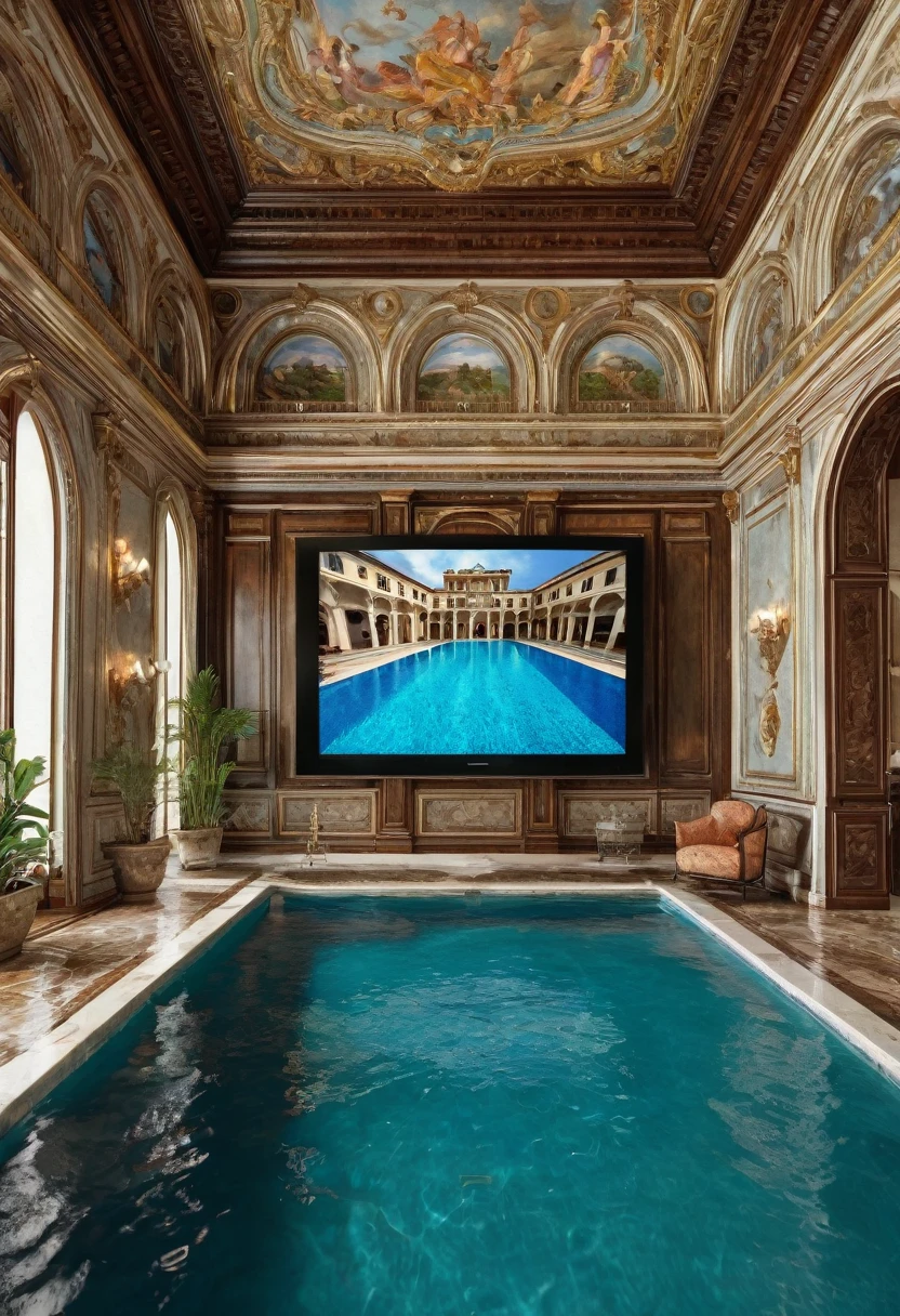 a close up of a pool in a house with a tv in the background, a hyperrealistic, renaissance, in a luxurious pool, luxurious furnitures mathching with colour of the palace , next to a pool, a pool inside the giant palace , pool enough big which covers both furnitures and tv , dreampool rooms, in a swimming pool, ah yes, luxurious environment, dream pool