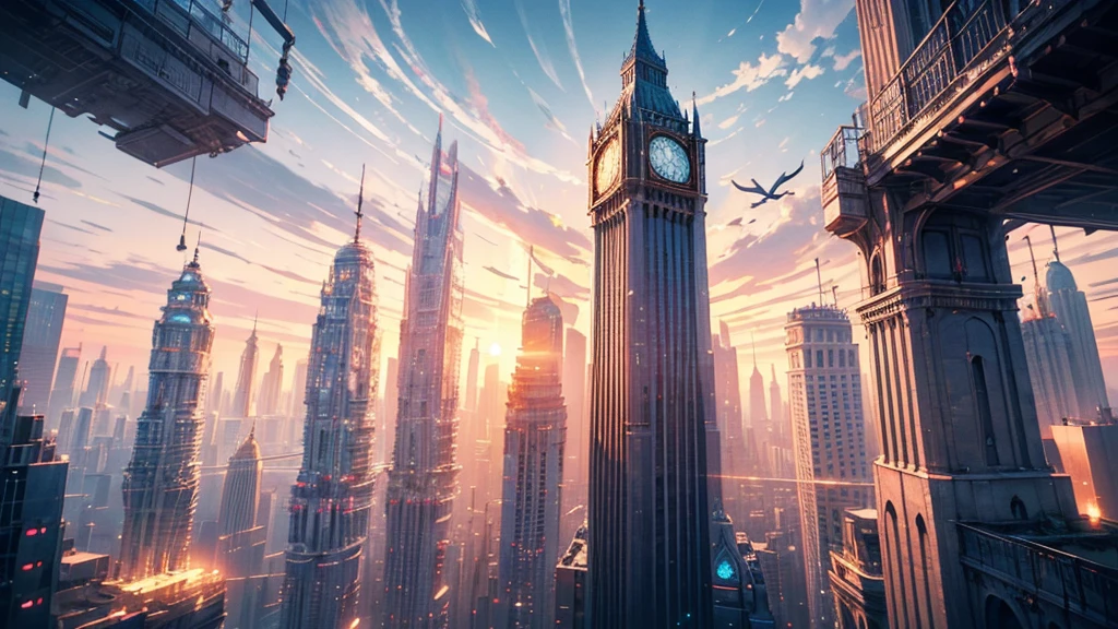 a futuristic city in the sunset, a towering clocktower, white doves flying, a serene and eternal atmosphere, detailed architecture, glowing lights, cinematic composition, dramatic lighting, vibrant colors, photorealistic, 8k, best quality, hyper detailed, masterpiece