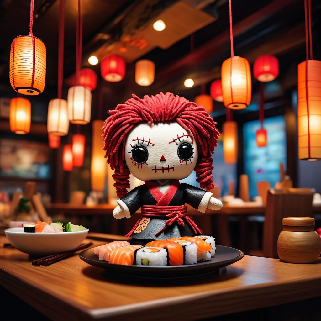 (knitted toy voodoo doll:1.5), (Voodoo in Sushi Bar:1.3), (Clothing: casual attire:1.0), (Accessories: chopsticks, sushi plate:1.1), (background: lively sushi bar with floating rolls, glowing lanterns, and happy diners:1.2), best quality, masterpiece, detailed soft oil painting, detailed background, dramatic cinematic lighting, soft edge lighting, professional, dramatic lighting, hard edge lighting, ultra quality, 4k, masterpiece, best quality, 8k, ultra high definition, high resolution, extremely detailed