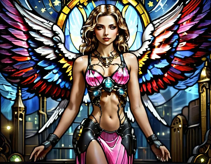 arafed a ((stained glass artwork picture:1.5)) stained-glass, of a (mech cyberpunk female angel: 1.2) standing in at the street ...