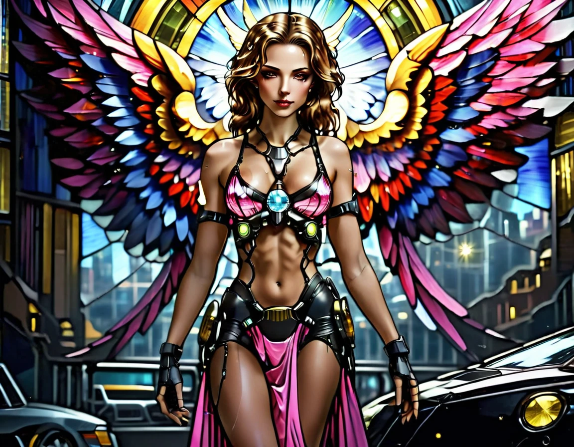 Arafed a ((stained glass artwork picture:1.5)) stained-glass, of a (mech cyberpunk female angel: 1.2) standing in at the street at night near her sports car, night, an exquisite beautiful cyberpunk female angel wearing dark dress, wearing ((intricate mech glamour pink evening dress: 1.3)), dress has miniscule mech parts, high tech parts, (white angelic wings: 1.2), spread angelic wings, halo over the head, small cleavage, wearing intricate diamond necklace, wearing elegant high heeled boots, dynamic eye color, dynamic hair color, dynamic hair style, standing near her (sports car: 1.3), cyberpunk street t background at night, moon light and stars, , full body shot, (Masterpiece: 1.5), Vibrant, Ultra-high resolution, High Contrast, masterpiece:1.2, highest quality, Best aesthetics), best details, best quality, highres, ultra wide angle, 16k, [ultra detailed], masterpiece, best quality, (extremely detailed), Mechanicus, intense gaze, stained-glass