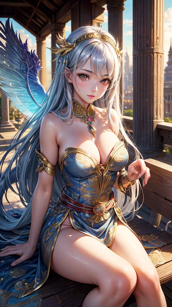 best quality,masterpiece,Ultra-high resolution,(Photorealistic:1.4),fair_Face,Oriental adult women 25 years old,Bright Eyes,Silver long hair above the waist,Wearing fairy costume(Bright 1:0),in ancient buildings,Sit sideways on a luxurious bench(Phoenix carving),
