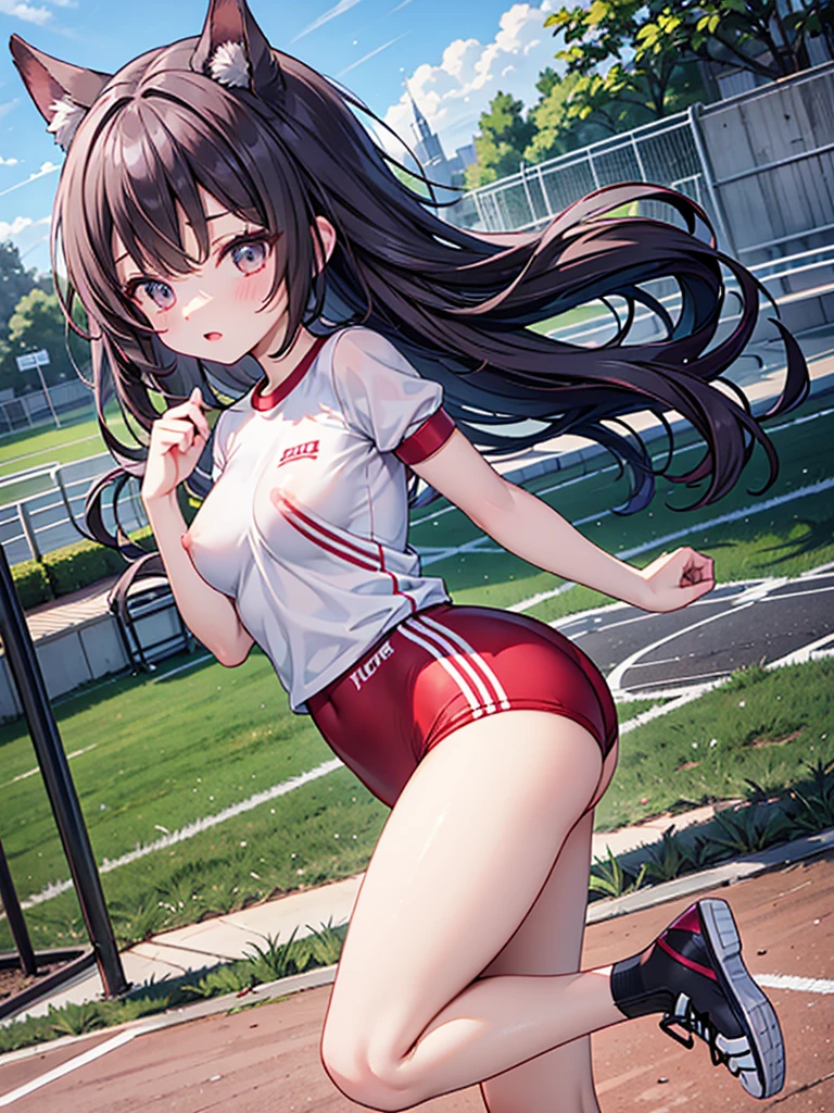 RAW Photos, Highest quality, High resolution, Very detailed、 8K image quality、、Gym suit、Bloomers、playground、Nipples are visible、Run on the track