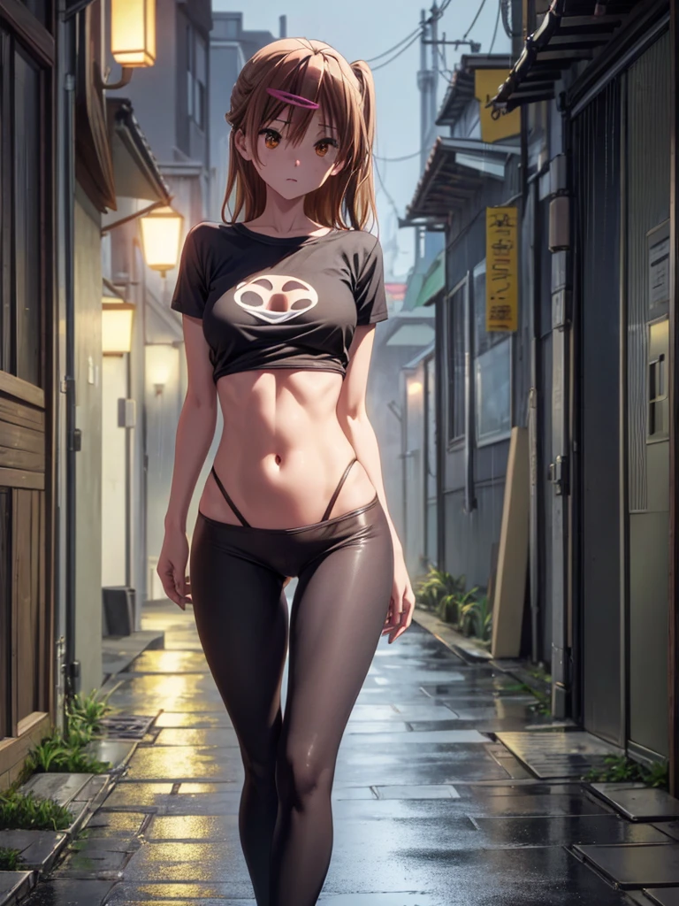 Girl, slim tight t-shirt, black thong, navel shown, street background, openlegs, night, Narrow alley between houses, night, rain, naked ass, slim body, no pants, small breast 