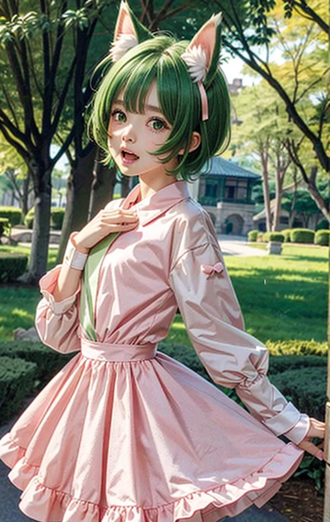 A boy, ^^^, animal ears, blush, dog ears, dog tail, dress, fang, green eyes, green hair, long sleeves, looking at viewer, open mouth, pink dress, short hair, solo, tail, upper body