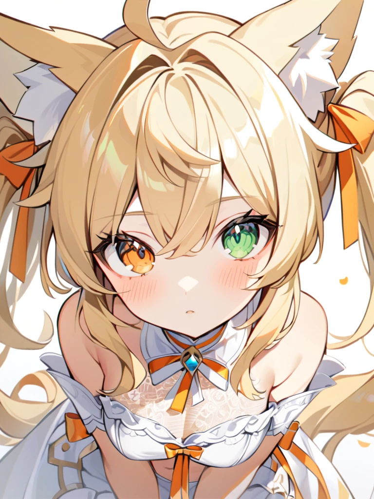 1girl, The fox girl,bangs, bare shoulders, blonde hair, blush, bow, breasts, white cleavage, cropped torso, , green eyes, hair ribbon, heterochromia,  stlooking at viewer, , orange bow, orange eyes, orange ribbon,  stuffed toy, twintails, upper body, full-length, white legbands, white shoes with lace and white bows, white background, wrist cuffs, yellow eyes, bloomers, close-up, fair skin frills, lace, midriff, skirt, solo, , white background,shorts, white top with ribbon and lace and trousers,trousers, genshin,white slippers with a bow,All clothes are white, laceAt full height, it stands, в полный рост