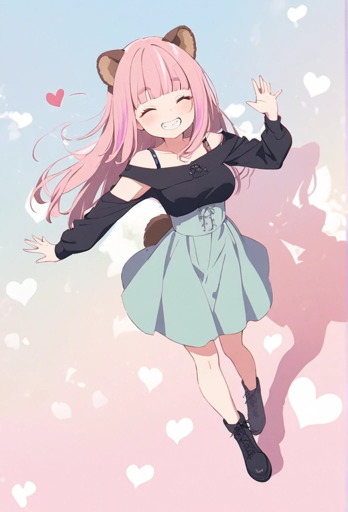 anime,(pale colors:1.8),long shot, 1girl, (on right:1.3), full body, solo, grin, smile, closed eyes, dynamic angle, seven pose, fang,  pink hair, long hair, straight hair, racoon ears, racoon tail, (brown streaked hair:1.3), side braid, (blunt bangs) ,thick eyebrows, big breast, off shoulder clothes, cutout, heart background, shadow, 