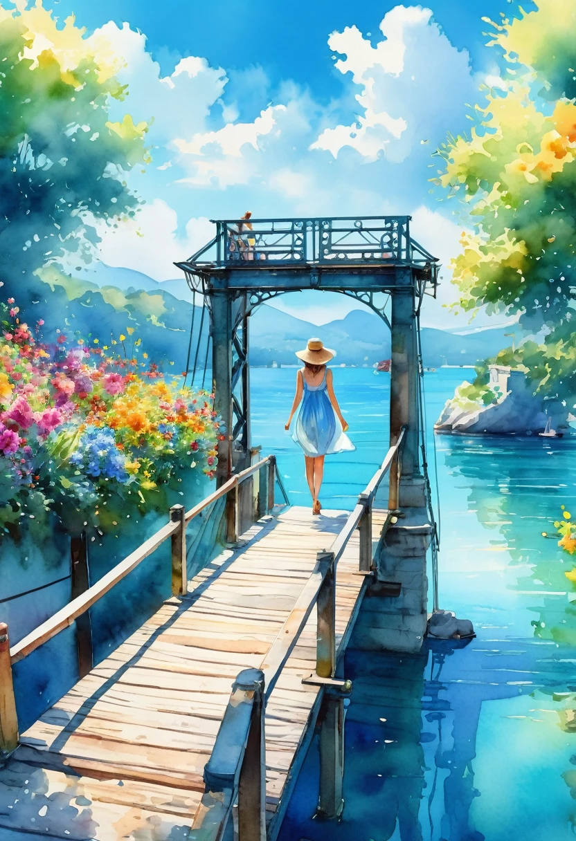 A lady passing over a drawbridge, the dazzling light of the summer sun, summer flowers, azure water, beautiful watercolor sketches, 8K images.