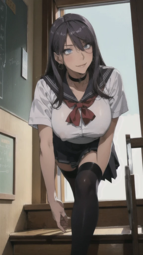 ((Correct Anatomy)),(Detailed image quality),(Female student)、((school uniform))、((Sailor suit))、(Mini Pleated Skirt),(((Black Stockings))),((School Uniform)),((A shy smile)),Ultra-high resolution,Mature Woman, Mature Woman, Very detailed,Sunburned skin,Brown Skin,((Beautiful legs)), (Big Breasts),((Beautiful feet)),Perfect hands, Detailed fingers, Beautiful details, ((Long, long hair)),((Sexy pose)),Black Choker, Earrings,loafers,Perfect Eyes, Captivating eyes,(School stairs)