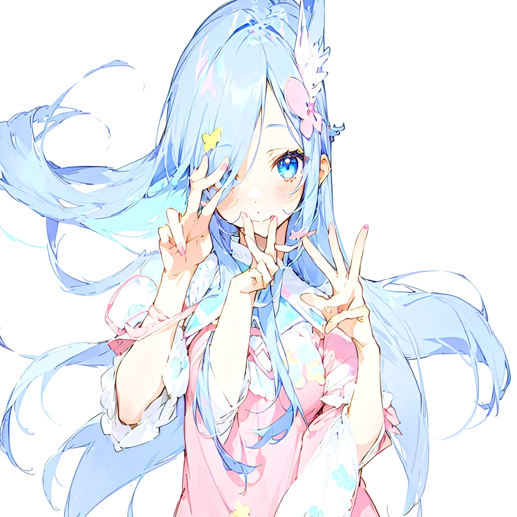 Anime girl with blue hair and pink dress makes a peace sign, soft anime illustration, anime art style, I'll do fanart too, flat fill in anime style, beautiful anime girl, Anime art style, pixive style, 2D anime style, anime stylized, Detailed fanart, beautiful Anime art style, made in an anime artist's studio, zerochan art, color line drawing, the forest, Background, красивый Background, fruits, Effects, Beautifulе освещение,Yu sunset,Beautiful, apples