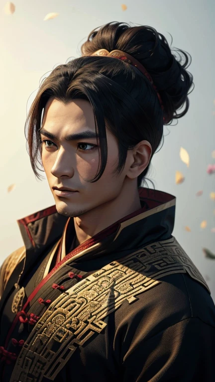 Oriental、Man in simple ancient Chinese costume、ancient chinese hairstyle male、Highest quality、masterpiece、Ultra-high resolution、(Realistic:1.4)、Game Poster、Crisp and beautiful image quality,Embroidered cloth wrapped around a topknot、Feather fan、Black clothes、