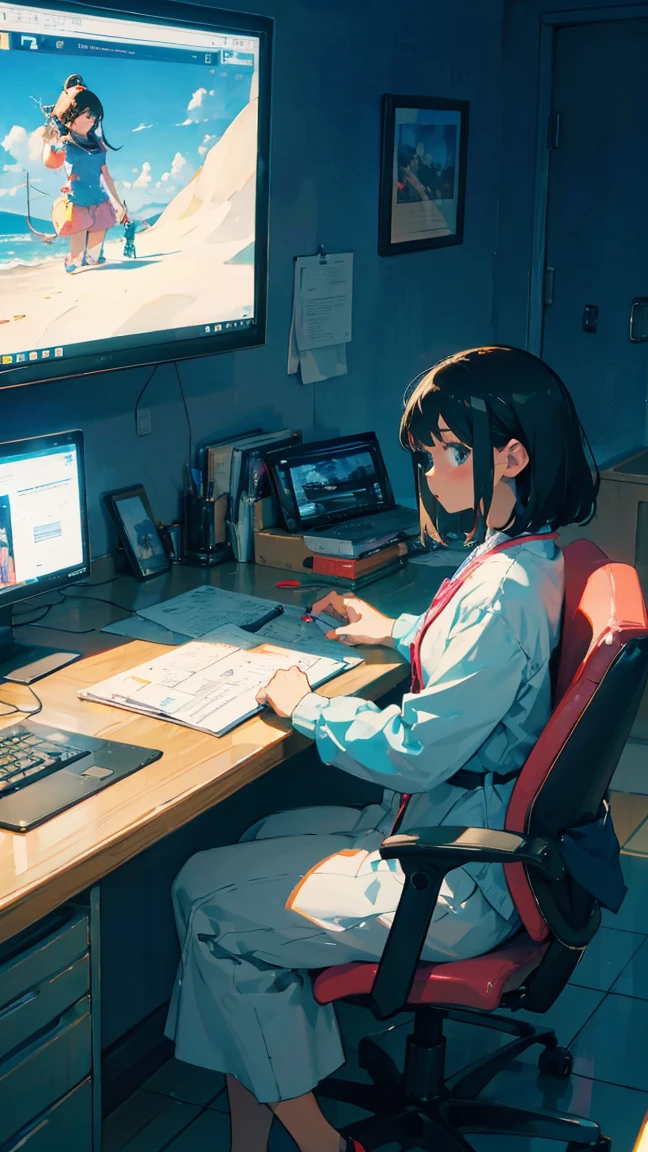 anime girl in red shirt using a laptop computer in a room, smooth anime cg art, profile of anime girl, painted in anime painter studio, digital anime illustration, makoto shinkai. digital render, a hyperrealistic schoolgirl, realistic schoolgirl, made with anime painter studio, hyperrealistic schoolgirl, anime girl portrait profile, shirobako
