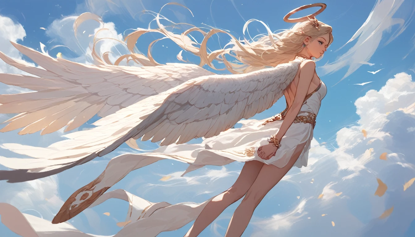 score_9, score_8_up, score_7_up, source_anime, detailed, 8k, cinematic angle, rating safe, from back, wide shot, A white winged angel is flying and look down, aureole, halo, perfect face,