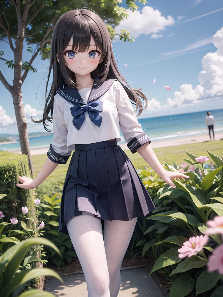 wallpaper, Clear Face, (masterpiece),  town,  blue sky,  One Girl, Put people on the right,  smile,  alone,  Sailor suit、Long skirt,  Overgrown,  petal,  plant、Skirt lining、White slip、nostalgic、pantyhose（gray）、You can see the sea in the distance, Crotch close-up