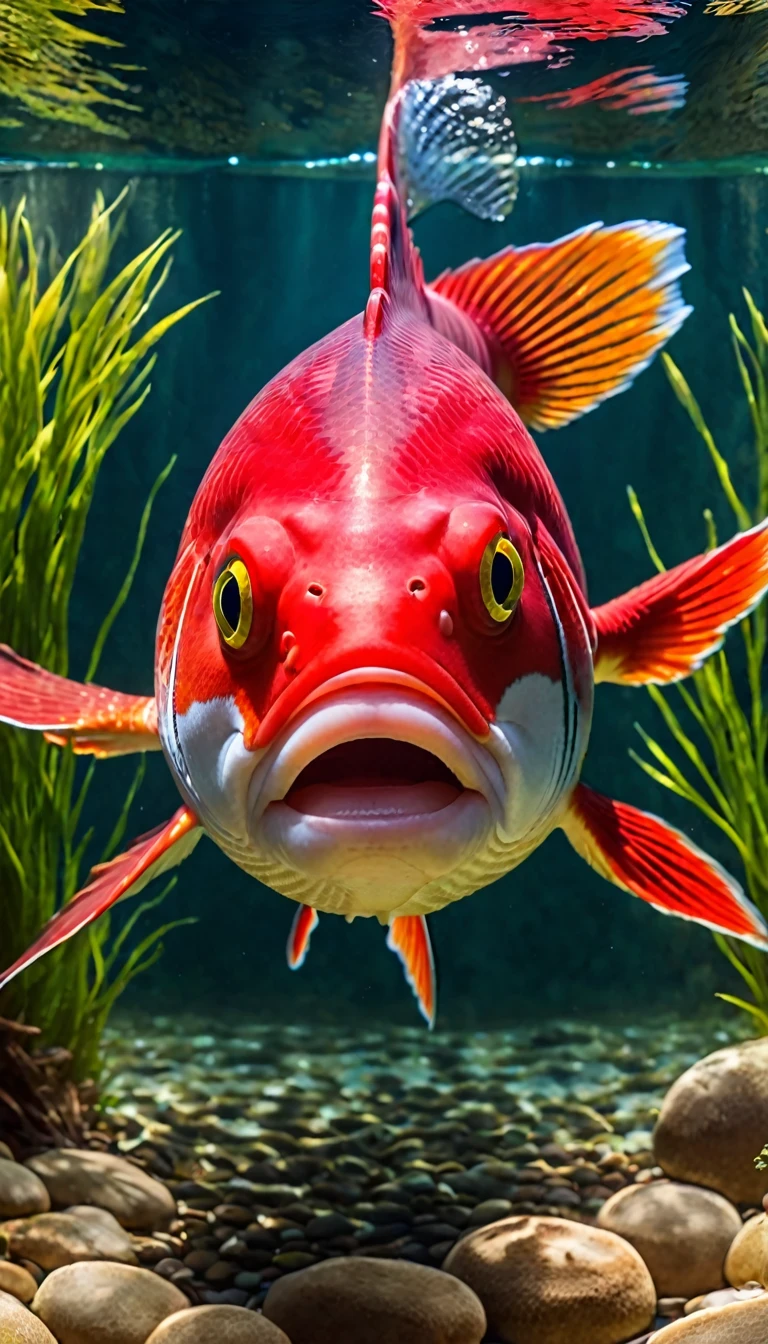 The red human face is integrated with the fish body