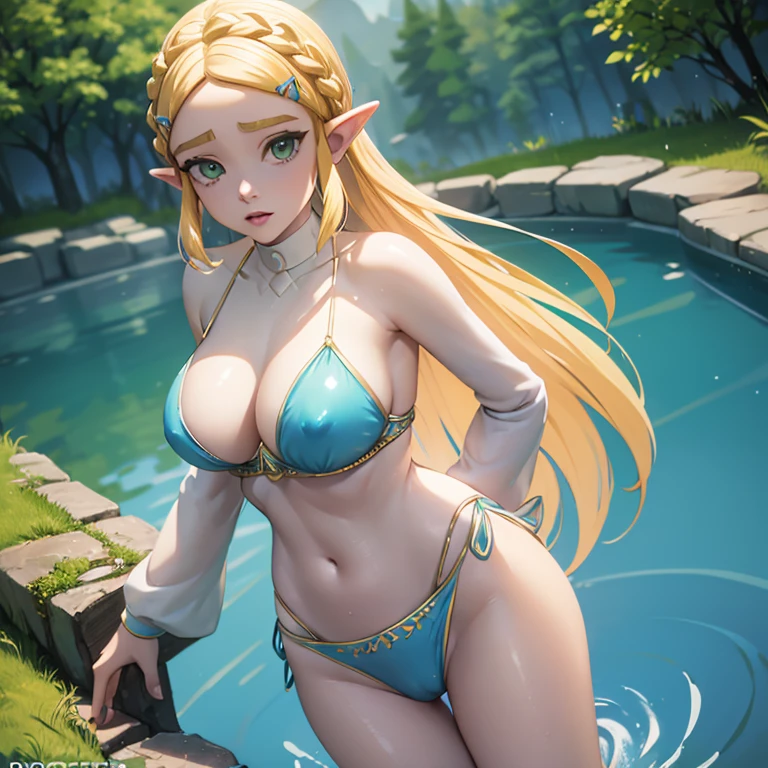 princess zelda, botw, blonde very long hair, crown braid, green eyes, wearing a sexy blue bra and panties, side slit, ultrasharp, looking at the viewer, ((best quality)), ((masterpiece)), (detailed), perfect face, big breast, sexy body, standing in pool of water