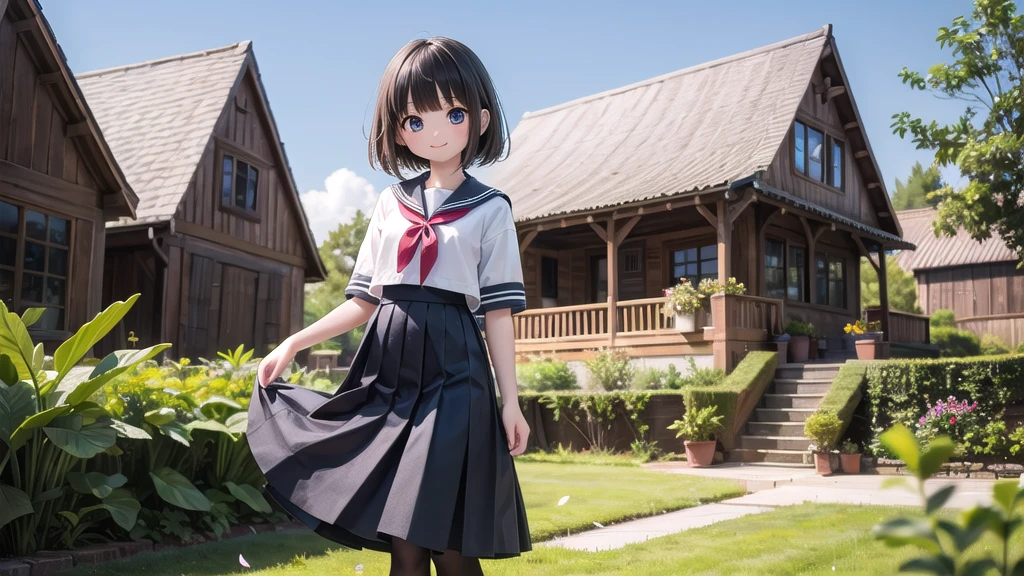 (masterpiece),  town,  blue sky,  One Girl,  smile,  alone,  Sailor suit、Long skirt,  Overgrown,  petal,  plant、Skirt lining、Translucent slip、nostalgic、Black Pantyhose